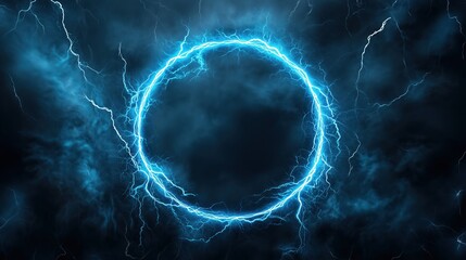 Poster - Abstract blue lightning background with a striking circular frame at the center, creating a powerful and energetic visual impact. The high-resolution and ultra-realistic details of the lightning bolts
