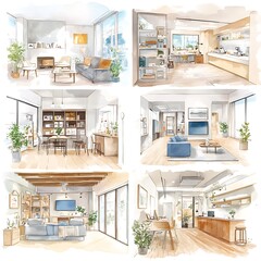 Canvas Print - Watercolor Illustration of a Modern Home Interior Design with Open Plan Living and Dining Spaces.