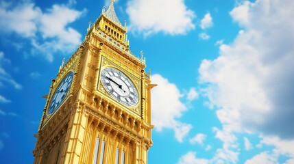 Poster - A close-up view of a famous clock tower against a blue sky with clouds.