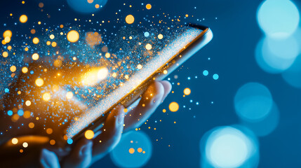 Poster - A smartphone emits radiant particles, symbolizing dynamic data exchange in a digital landscape