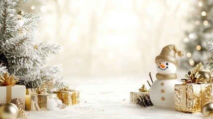 Wall Mural - Snowman in hat and scarf by Christmas tree
