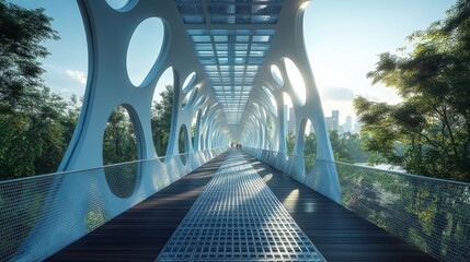 Aufkleber - A unique pedestrian bridge stretches across a vibrant landscape, framed by trees and city buildings in the distance, illuminated by morning light.