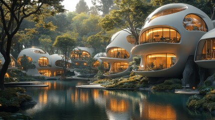 Leinwandbilder - Unique, organic-shaped homes are harmoniously integrated into a lush forest environment. The soft glow of morning light reflects off the still water, enhancing the peaceful atmosphere.