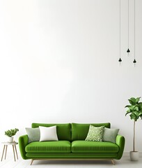 A green sofa in a minimalist modern living room with white walls The interior design features a home decor with a green color scheme for the house furnishings, 