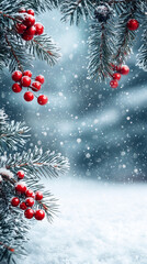 Wall Mural - Winter background design with christmas tree branches, decorations, red berries, snow, and snowflakes. Winter season wallpaper or vertical banner for Instagram story with copy space