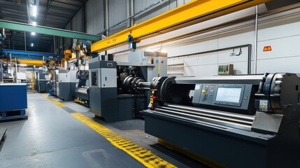 A view of industrial machinery in a manufacturing facility, showcasing precision equipment.