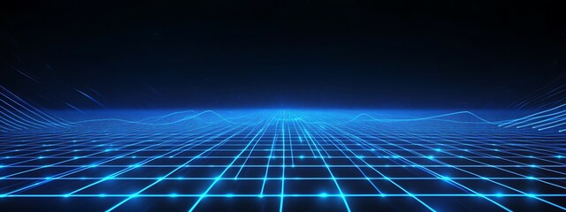 Poster - Abstract blue glowing grid in perspective, dark background.