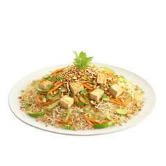 Wall Mural - Vegetable pad thai rice noodles tangled with tofu cubes bean sprouts and crushed peanuts isolated