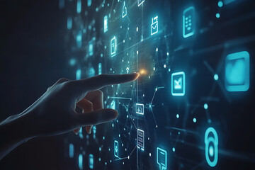 hand pushing the button on a touch screen interface