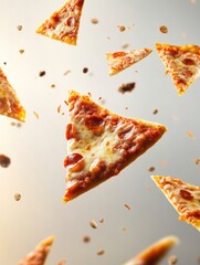 Poster - Pepperoni pizza slices float diagonally in a dynamic arrangement, creating a lively atmosphere with space for text in the center. Generative AI
