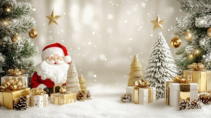 Wall Mural - Festive scene of a Christmas tree, gifts, and Santa Claus