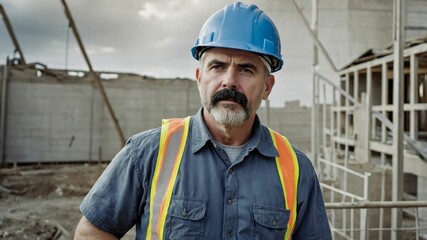 Portraitconstruction worker Wearing Hard Hat and Safety Vest Standing on a Construction Site