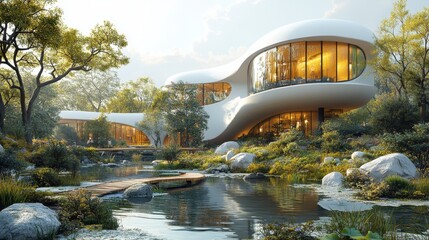 Poster - A striking, modern house features flowing curves and large windows, set beside a tranquil pond. Lush trees and rocks enhance the peaceful atmosphere during the late afternoon.