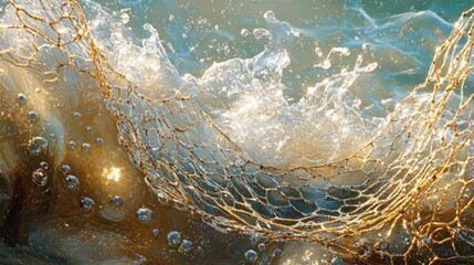 Close-up of a fishing net submerged in sparkling, blue water.