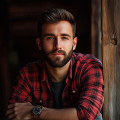 A confident man with a beard and flannel shirt leans on wood, embodying casual style and modern masculinity.