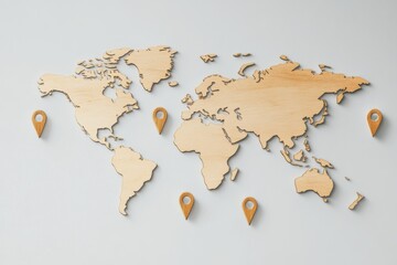 Aufkleber - The outline of a world map highlights key travel destinations using map pins, showcasing popular locations for exploration. Generative AI