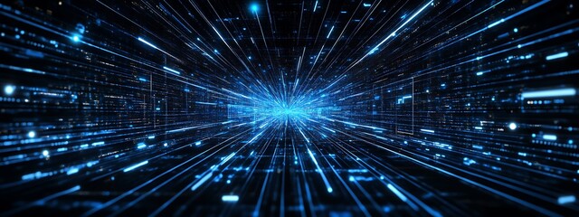 Poster - Abstract digital tunnel with glowing blue lines and digital code.