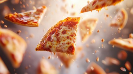 Poster - Slices of delicious pizza fly diagonally through the air, creating a lively atmosphere perfect for food celebrations and gatherings. Generative AI