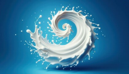 A white liquid, such as milk or cream, forms a spiral shape with splashes and droplets against a light blue background. The spiral is suspended in the air, with some droplets falling down. 