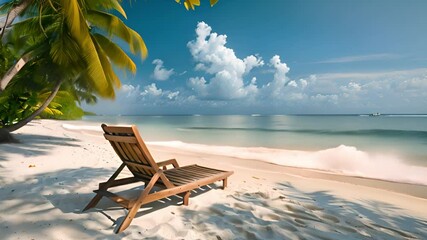 Aufkleber - A peaceful morning scene at a tropical beach featuring a wooden lounge chair beneath palm trees, overlooking clear turquoise waters and a vibrant blue sky.