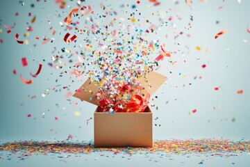 Poster - A gift box opens to reveal a cheerful explosion of confetti and ribbons, celebrating moments of joy and surprise. Generative AI