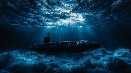 Poster - A submarine is in the water with the sun shining on it