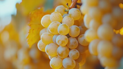 Wall Mural - a close-up of a bunch of ripe white grapes hanging from a vine.