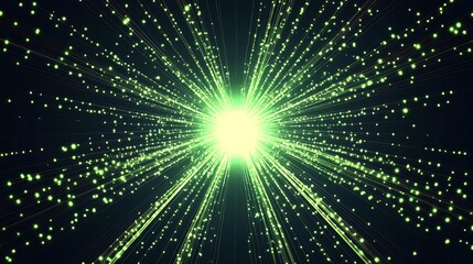 Poster - Abstract green glowing light burst with particles on black background.