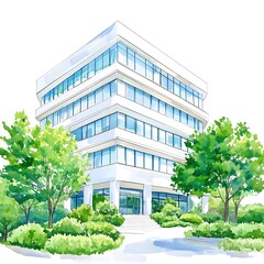 Wall Mural - Watercolor Illustration of a Modern Office Building with Greenery.