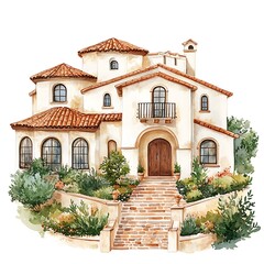 Sticker - Watercolor Painting of a Beautiful Mediterranean Villa with Lush Greenery.