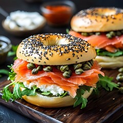 Freshly Prepared Bagel with Smoked Salmon,Cream Cheese,and Fresh Greens on Wooden Board