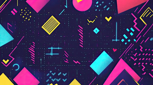 Retro 90s aesthetic background with neon colors, geometric patterns, and abstract shapes, featuring plenty of copy space.