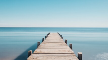 Sticker - A serene wooden pier extending into a calm blue sea under a clear sky.