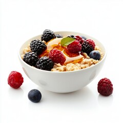 Wall Mural - Delicious bowl of oatmeal topped with fresh berries and honey. A healthy breakfast option perfect for energizing your day. Simple and nutritious. Ideal for food photography. AI