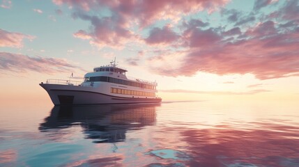 Wall Mural - A serene boat at sunset on calm waters, reflecting vibrant colors in the sky.