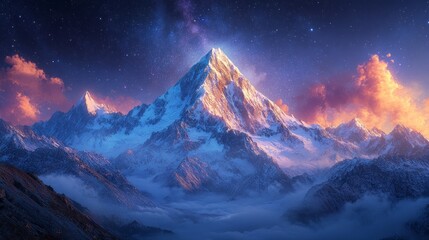 Poster - A mountain range with a large peak and a beautiful sky with stars