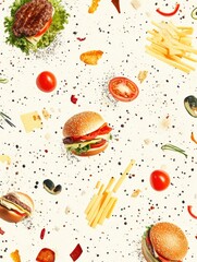 Poster - Colorful burger ingredients are artistically spread out on a light background, showcasing lettuce, tomatoes, cheese, and meat components. Generative AI