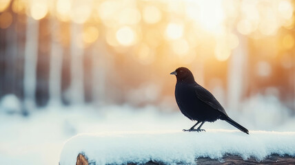 Wall Mural - blackbird perched on a snow-covered log in a forest with a beautiful golden sunset in the background