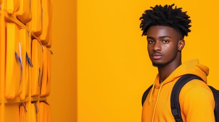 Stylish young man in vibrant orange hoodie standing by lockers