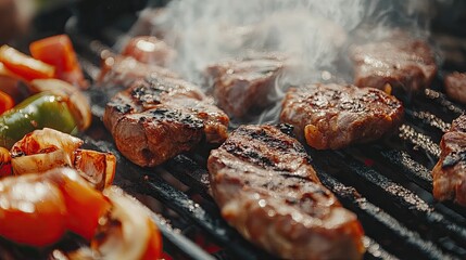 Wall Mural - A close-up of juicy grilled meats and perfectly roasted vegetables sizzling on a barbecue grill, capturing the essence of a savory outdoor feast.