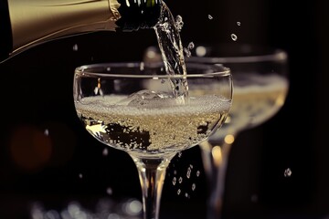 Elegant Wine Toast Celebration. Pouring Champagne into Crystal Glasses