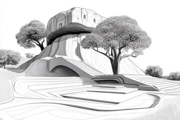 Poster - Abstract minimalist outline of Sigiriya Rock, capturing the iconic shape of the ancient fortress with simple geometric lines