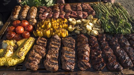 Wall Mural - A delicious spread of grilled meats and vegetables, with golden brown char marks, symbolizing the ultimate outdoor cooking experience