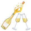© Olga Shulgina - Champagne bottle opening with popping cork and glasses watercolor illustration. Hand drawn set image of festive sparkling wine on isolated background. Clipart for menu and bar.