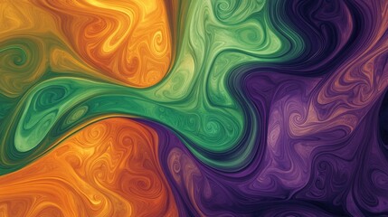 Poster - Swirling patterns of green, orange, and purple merging together, evoking a sense of creativity and energy in a visually striking background design.