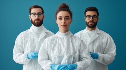 Aufkleber - Three people in white lab coats stand together, one of them wearing a blue glove