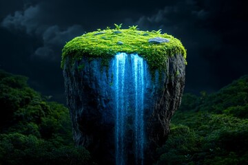 Poster - Fantasy version of Sigiriya Rock, with floating islands, magical waterfalls, and ancient ruins glowing with mystical light