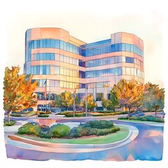 Sticker - Watercolor Illustration of a Modern Office Building with Lush Landscaping.