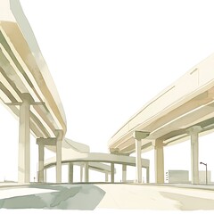 Wall Mural - Watercolor Illustration of an Urban Highway Overpass.