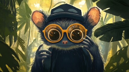 Poster - A Cute Cartoon Animal with Large Round Glasses and a Hat Posing in the Jungle.